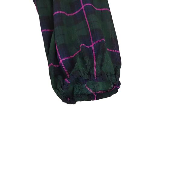 J CREW Dark Green Plaid Blouson Dress, Ruffle Tie Collar Puff Sleeve XS Academia - Picture 5 of 8